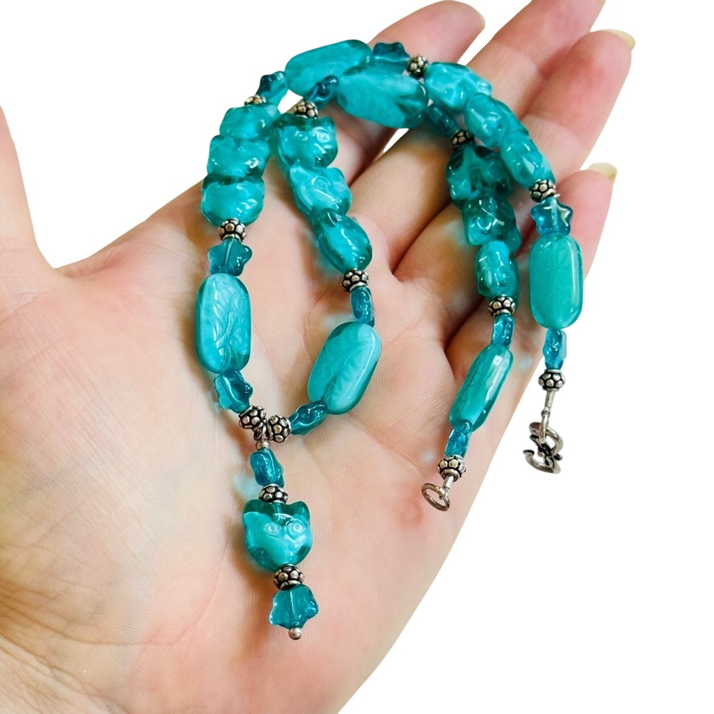 VTG Cat Lover Art glass Necklace teal blue Beads Murano Italy Sterling Lampwork